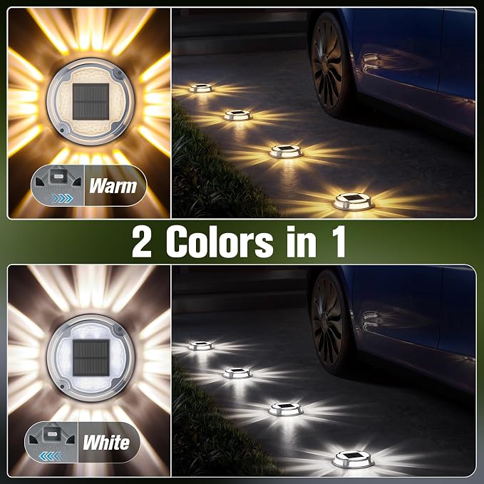 VOLISUN Solar Driveway Deck Dock Marine Lights 2 Colors Modes,4 Pack | Solar Ground Light led Waterproof,Driveway Marker Light for Pathway Garden Step(White/Warm White)