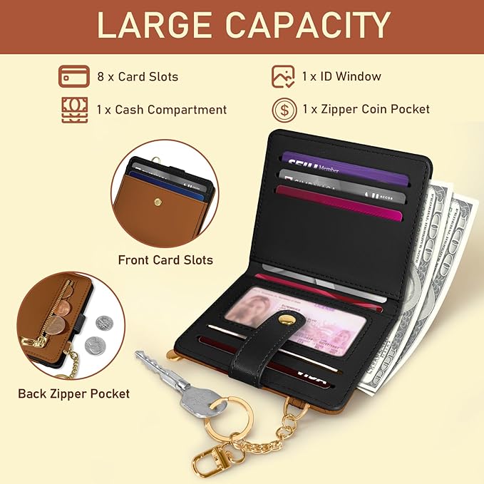 Jogjam Small Ladies Wallet, Rfid Slim Thin Compact Credit Card Women Wallet, PU Leather Bifold Cash Wallet, Zipper Coin Pocket & ID Window, Female Gifts Black and Brown