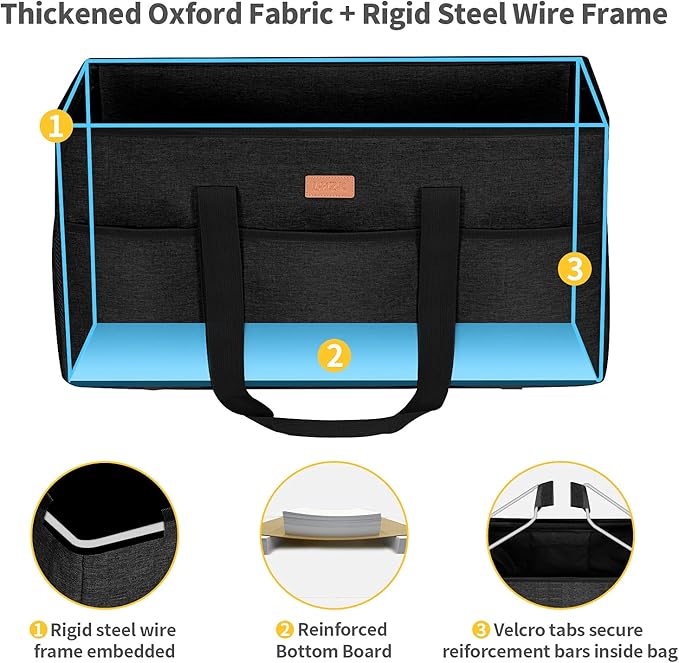 LHZK Stand Up Extra Large Utility Tote Bag with Lid, Utility Tote Bag with Metal Wire Frame and the Sides Rinforced, Reusable Grocery Bags Foldable, Beach Bag, Car Tote (Black)