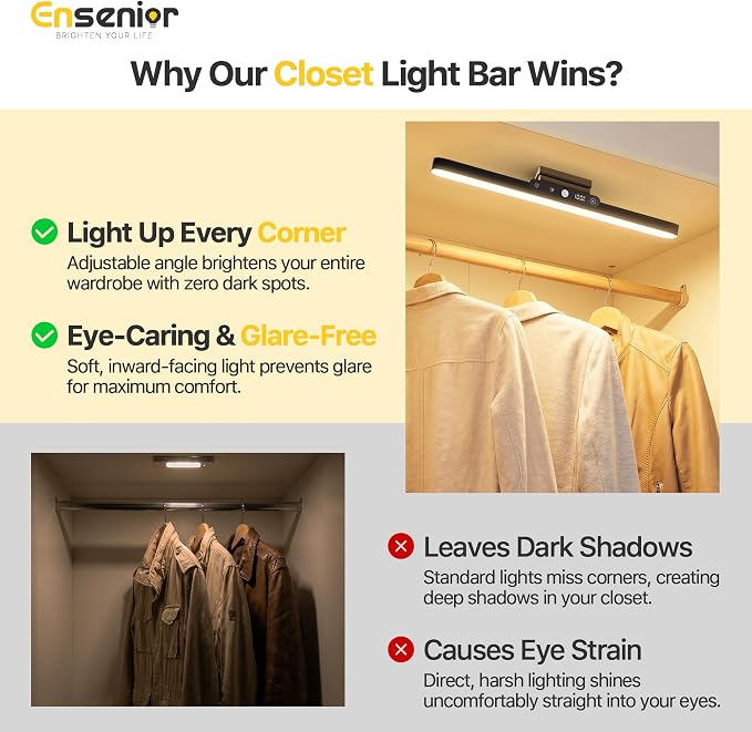 Ensenior 4W Motion Sensor Rechargeable Light Bar, Closet Lights, 2P | 2000mAh, Dimmable, Eye-Friendly, 3 Colors CRI85+, Battery Display, Wireless, Remote Control, Magnetic 130° Rotatable,Stick on
