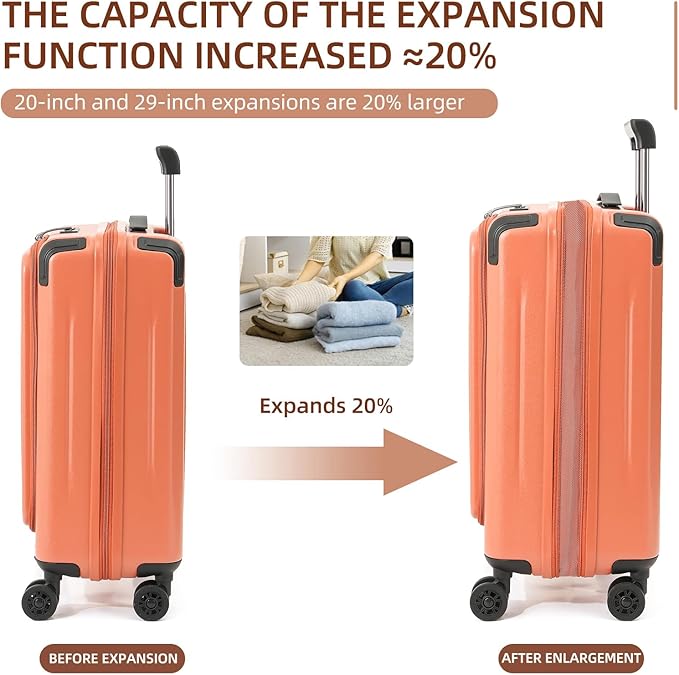 Carry On Luggage, 20Inch & 29 Inch Top Opening Airline Approved ABS+PC Hard Shell Suitcases with Silent Wheels, TSA Lock,Front Pocket and Wet-dry Separated Six-piece Set (AD Orange, 20Inch & 29 Inch)