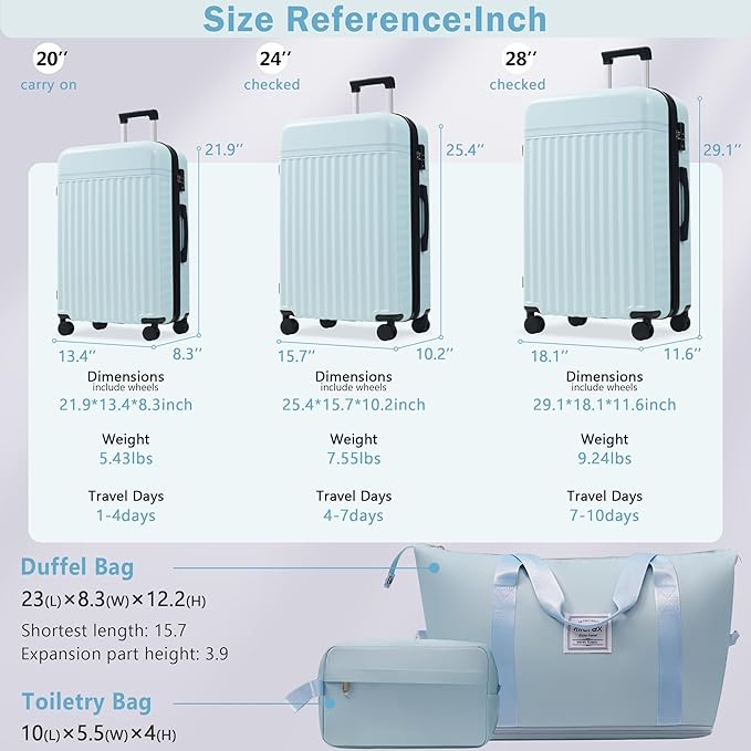 Merax 3 Piece Luggage Sets, Hardside Lightweight Carry on Suitcase,Durable Expandable Luggage with Travel Bags Spinner Wheels and TSA Lock,Light Blue