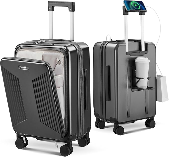 Carry on Luggage Top opening Suitcases, Expandable with Cup Holder and USB Charging Port,Lightweight with Front Pocket Rolling Suitcases with Spinner Wheels