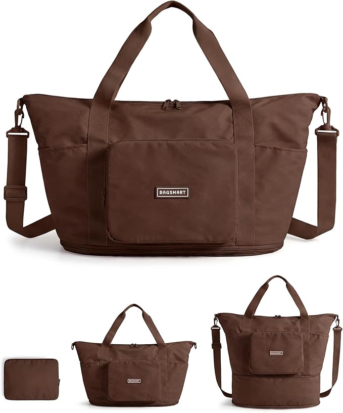 BAGSMART Foldable Travel Bag, 37L Duffle Bag for Travel, Expendable Carry on Weekender Duffel, Lightweight Personal Item Bag, Chocolate