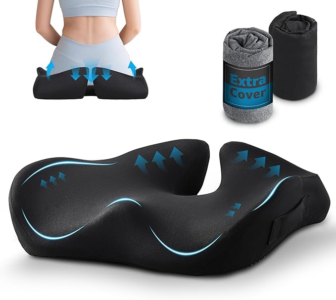 BRO Extra Large Office Chair Cushion for Sciatica Pain Relief: Memory Foam Seat Cushion for Tailbone Pain Relief Support for Long Sitting - 2 × Removable Covers with Handle - Car/Office/Home Use