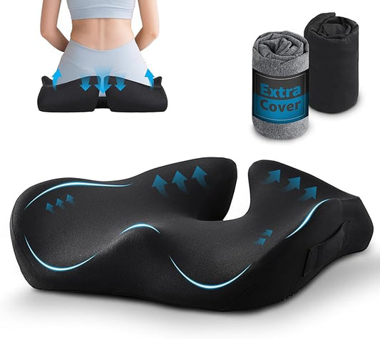 BRO Extra Large Office Chair Cushion for Sciatica Pain Relief: Memory Foam Seat Cushion for Tailbone Pain Relief Support for Long Sitting - 2 × Removable Covers with Handle - Car/Office/Home Use