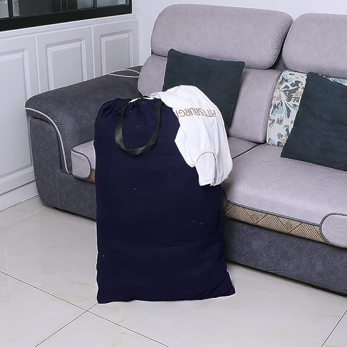 Heavy Duty Laundry Bag with Drawstring and Handle, Extra Large Travel Dirty Clothes Bag for Laundromat and Household, Durable Rip-Stop Laundry Hamper Liner, 28 x 40 Inch by SANFERGE, Navy Blue