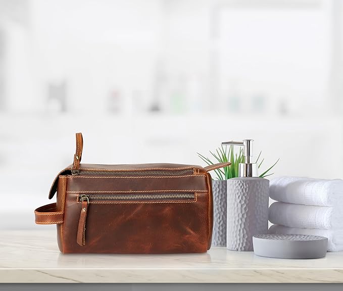 KomalC Premium Buffalo Leather Toiletry Bag for Men & Women With Water resistant Lining, Grooming Travel Pouch, Unisex Wash Bag for Toiletries, Gifts for Men and Women