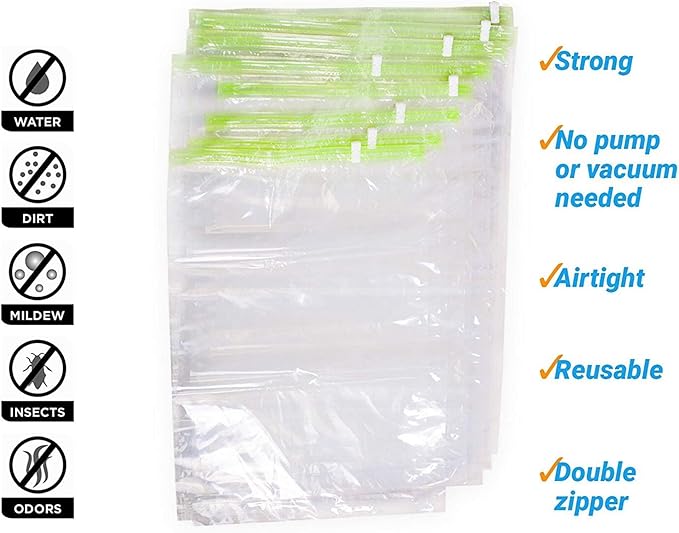 12 Space Saver Storage Bags for Clothes for Travel - Compression, no Vacuum Sacks - Luggage Accessories