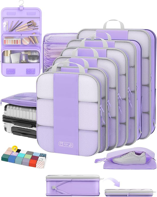 10 Set Compression Packing Cubes for Travel Essentials,Compressible Expandable Packing Cubes for Suitcase,OlarHike Luggage Organizer Bags for Travel,Handy Helper for Organizing Clothes(Light Purple)
