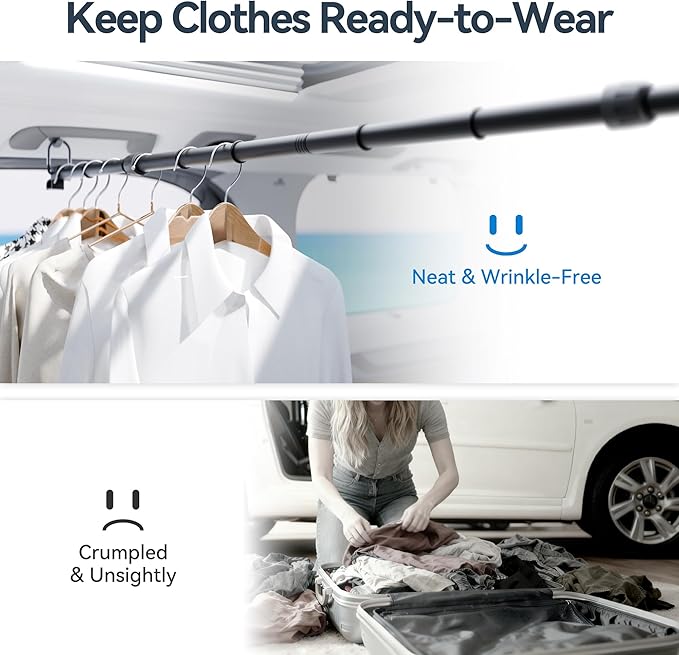 Adjustable Car Clothes Hanger Bar 35-60 Inches – Heavy Duty Travel Garment Organizer, Anti-Wrinkle, Non-Slip Rubber Bands, Fits Cars, SUVs, Vans and Trucks