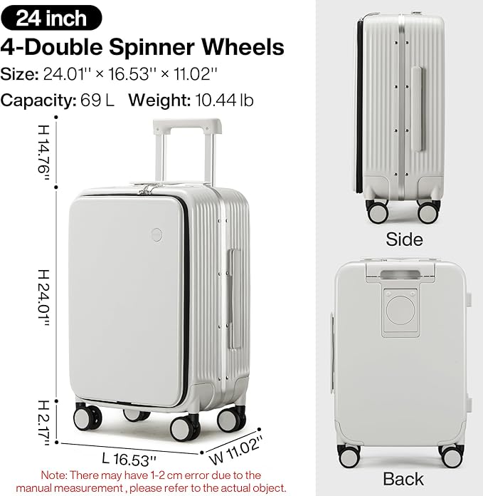 mixi Checked Luggage with Cup Phone Holder and Charger Hard Shell Suitcases with Spinner Wheels, 24 Inch Smoke White