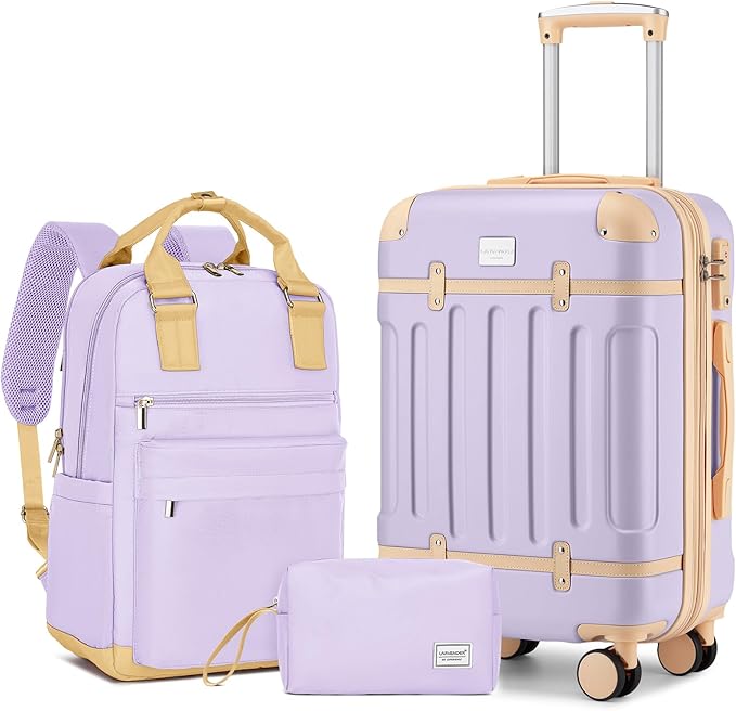 LARVENDER Luggage Sets 3 Piece Expandable Carry on Luggage 22x14x9 Airline Approved Hardshell Suitcase with Wheels TSA Lock, Lightweight Suitcase Set for Women with Travel Backpack, Lavender
