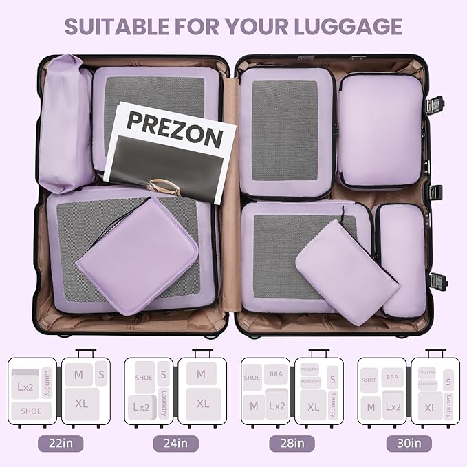 Mesh Packing Cubes for Travel, Durable Luggage Organizer with Sturdy Material and Double Zippers, Comprehensive Set for Travel Accessories Storage, 10 set, purple