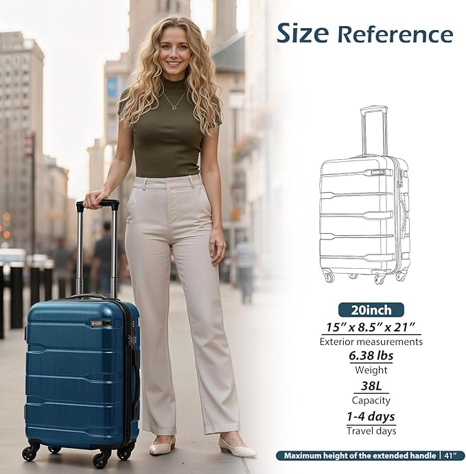 Coolife Carry On Luggage 22x14x9 Airline Approved Hardside PC+ABS Suitcase with TSA Lock, Lightweight Rolling Travel Luggage with Spinner Wheels(Caribbean Blue, 20in)
