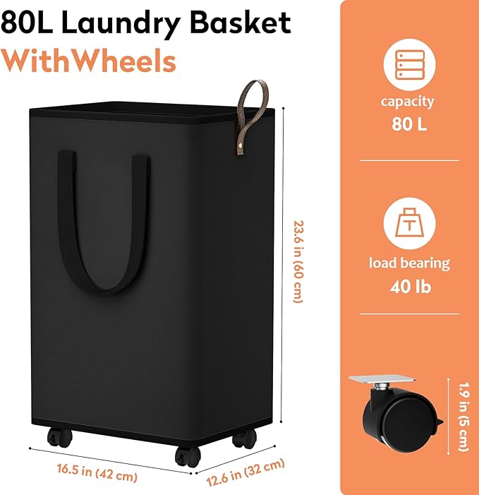 Laundry Basket with Wheels, Collapsible Laundry Baskets, Laundry Hamper with Handles Detachable Wheels, Rolling Laundry Basket, Dirty Clothes Hamper for Bathroom, Dorm, Bedroom, Black, 80L