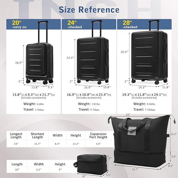 Merax Luggage Sets 5 Piece Front Open, Hardside 20" Carry On Suitcase Set with USB Port,Lightweight Expandable Travel 24" 28" Luggage with Bags TSA Locks Double Spinner Wheels,Black