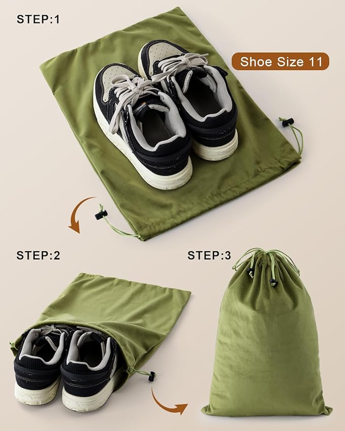 FantasyLife Shoe Bags for Travel, 17.3"x12.6" Washable Dust Bags for Storage & Packing, Flannel Shoe Pouch with Drawstring Closure for Purses, Handbags, Shoes & Toys (2, Sage Green)