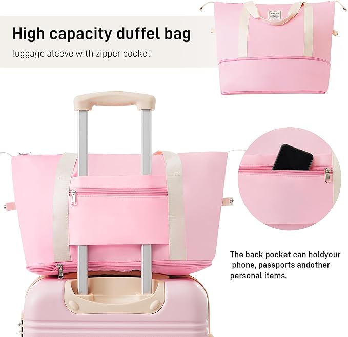 Merax Luggage Sets 2 Piece Expandable Hardside Luggage with Travel Bag Suitcase Set with Spinner Wheels(20+24+bag,Light Pink-1)
