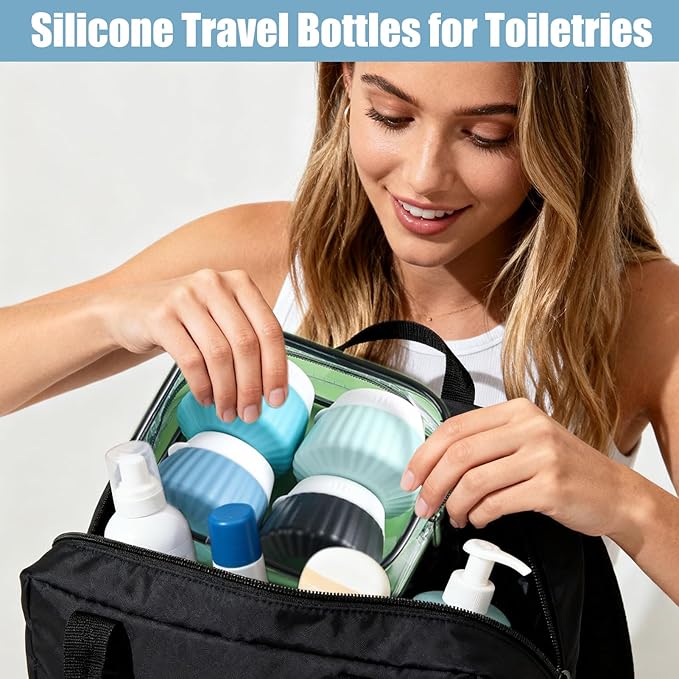 4 Pack Travel Size Silicone Cream Containers, Leak Proof Refillable Toiletry Bottles for Toiletries with 4 Scoops, Labels and Clear Bag, Suitable for Travel Shampoo and Conditioner Bottles (C)