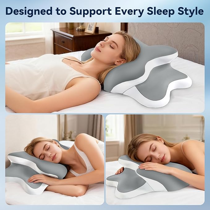 Sleep Apnea Pillow with Neck Pain & Snoring Relief -Orthopedic Cervical Pillow, Ergonomic Contour Memory Foam for Side, Back,Stomach Sleepers, Medium Firm (Grey, Queen Size 25" Lx15 Wx5.8 H)