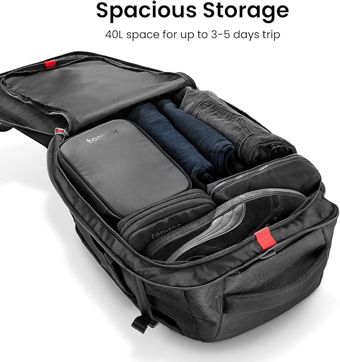 tomtoc Travel Backpack 40L, TSA Friendly Flight Approved Carry-on Luggage Hand Water-resistant Lightweight Business Rucksack, Durable Large Weekender Bag Daypack Fits 17.3 Inch Laptop, PFAS Free