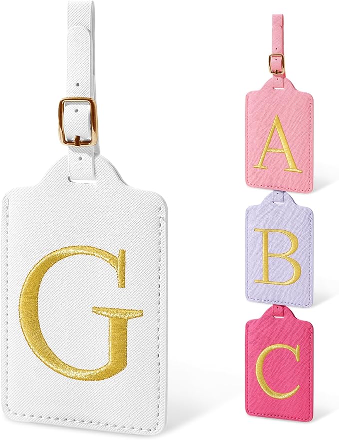 Initial Luggage Tags for Suitcases, Cute Embroidered Letter Luggage Bag Suitcase Identifier Name Baggage Tag, PU Leather Travel Luggage Tags, Bag Tags for Men Women Kids Luggage Handbags(White G)