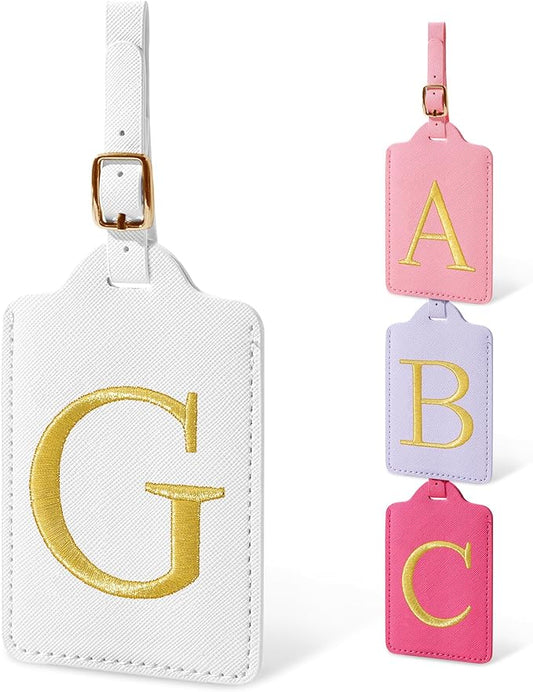 Initial Luggage Tags for Suitcases, Cute Embroidered Letter Luggage Bag Suitcase Identifier Name Baggage Tag, PU Leather Travel Luggage Tags, Bag Tags for Men Women Kids Luggage Handbags(White G)