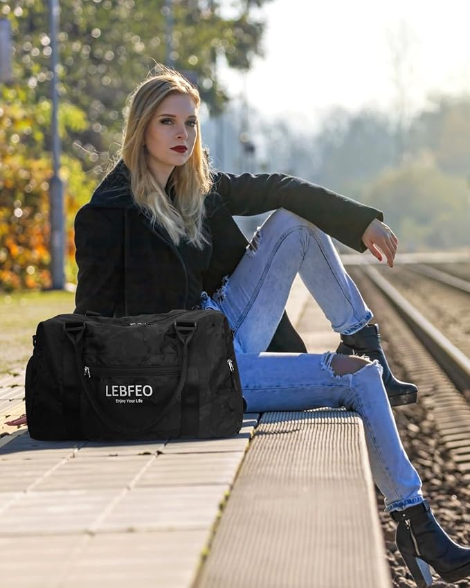 Travel Duffle Bag for Women Large Weekender Overnight Bags Gym Bag with Shoe Compartment Waterproof Hospital Bag Carry On Tote Bag for Airplanes,Camo Black