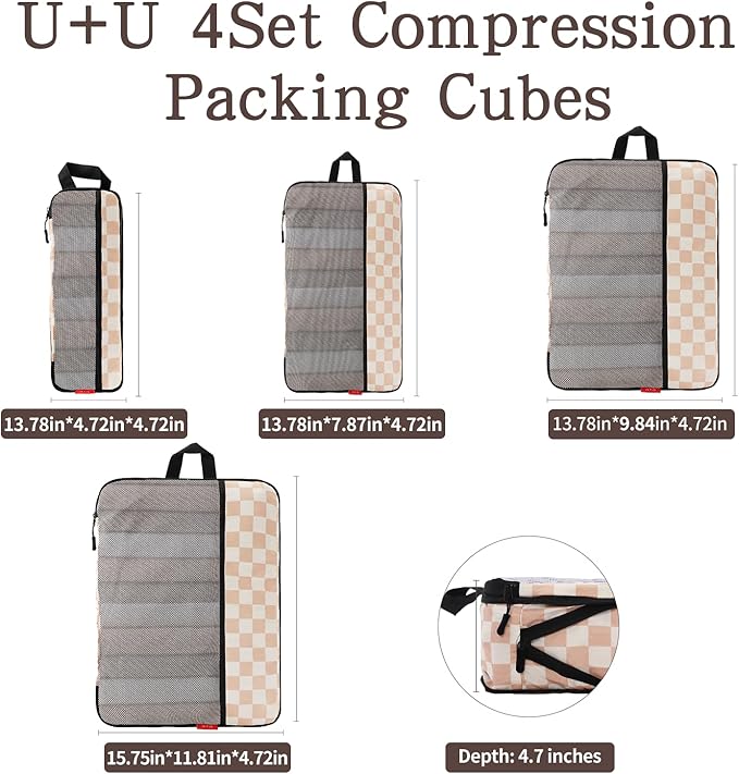 U+U 4 Set Compression Packing Cubes - Ultralight Travel Organizers, Space-Saving Suitcase Organizer, Expandable Packing Cubes for Travel, Business Trip and Family Vacation (Khaki Checkered)