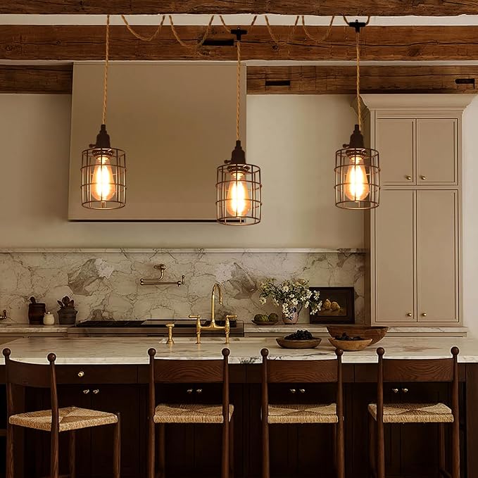 3-Light Hanging Light with Plug in Cord,Plug in Pendant Light 22ft Hemp Rope Pendant Lighting Vintage 3-Light Hanging Lamp Fixtures for Kitchen Island Living Room Bedroom