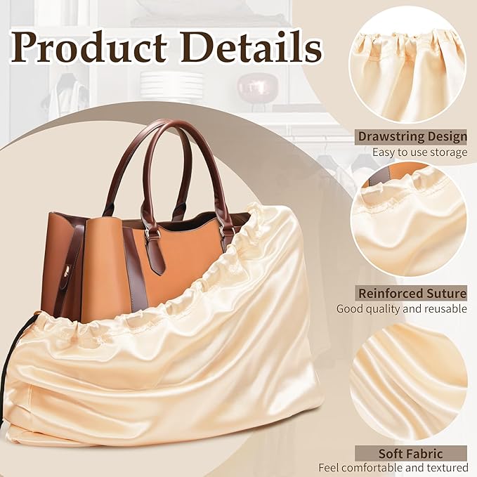 Ersmak 6 Pack Dust Bags for Handbags - Beige Silk Dust Cover Bag for Purses Shoes - Satin Drawstring Dustproof Bags for Travel Storage - 23.6 x 19.7 In