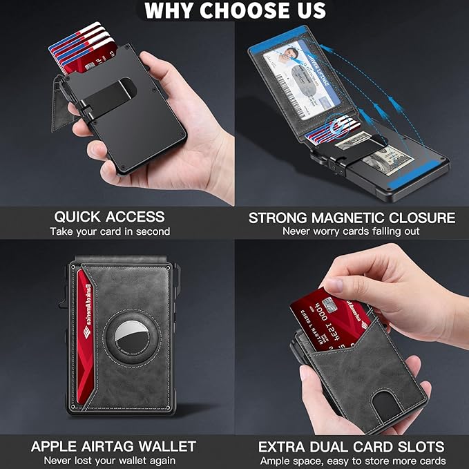 KIKVES Airtag Wallet for Men, Mens Smart Wallet for Air Tag RFID Blocking, Minimalist Bifold Pop Up Aluminum Credit Card Case Holder 12+ Cards with ID Window, Gift for Men, No Airtag Included, Gray