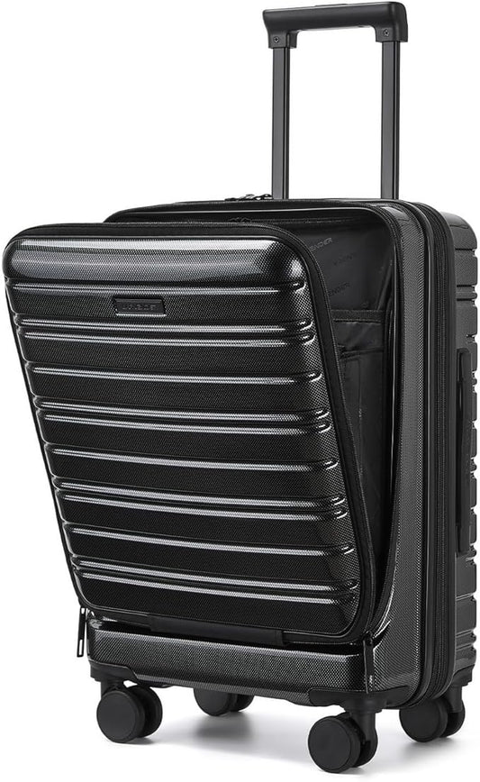 LARVENDER Carry On Luggage 22x14x9 Airline Approved, 20 Inch Expandable PC+ABS Hardside Carry On Luggage with Front Pocket Spinner Wheels TSA Lock for Women Men (Black)