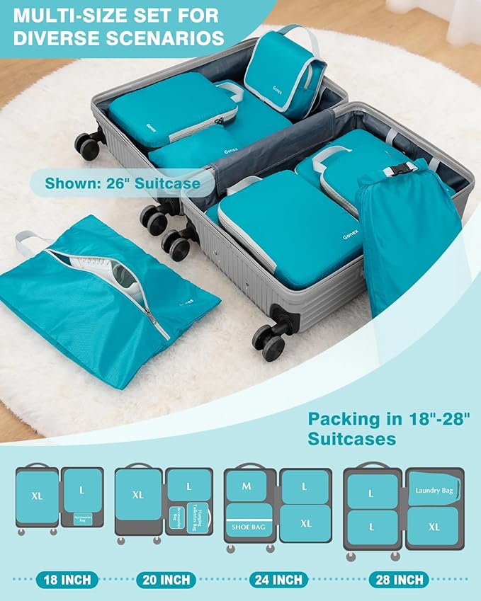 Gonex 10 Set Compression Packing Cubes, Expandable Storage Travel Bags for Suitcase, Luggage Organizers with Hanging Toiletry Bag Laundry Bag Shoe Bag Accessories Bag (Blue)