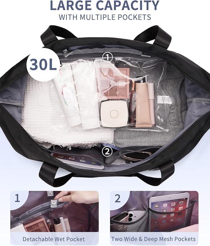 ECOHUB Travel Duffel Bag, Water Resistant Weekender Bag Carry On Bags for Women, Sport Gym Bags for Men, Hospital Bag for Labor and Delivery, Overnight Bag Luggage Bag with Trolley Sleeve, 30L Black