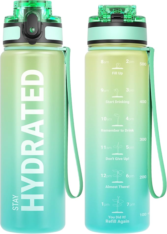 Sahara Sailor Water Bottle, 32/25/17oz Durable and Leakproof Water Bottles Motivational with Time Marker, Tritan, BPA Free, Wide Mouth with Easy Clean Brush for Gym, Travel, School, Office (1 Bottle)