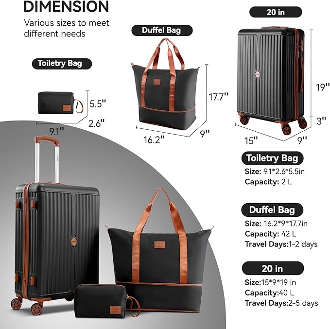 Hoteel Luggage Sets 3 Piece ABS+PC Hardside, 4-Year Warranty, Luggage Set with Spinner Wheels, TSA Lock, Lightweight Carry on Luggage, 20" Suitcase with Duffel & Organizer, Black