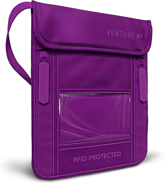 VENTURE 4TH Neck Wallet for Women & Men – RFID Blocking Passport Holder for Travel, Hidden Neck Pouch with 6 Compartments, Slim Lightweight Travel Organizer with Adjustable Strap (Sleek Purple)