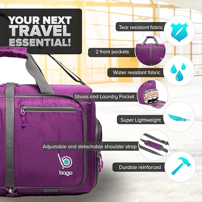 Bago Compact Duffle Bag for Travel Women & Men. Durable Lightweight Foldable Travel Duffel Bags For Traveling Women. 40L Duffle Bags a Reliable Weekender duffel or Overnight Bag With Shoe Compartment
