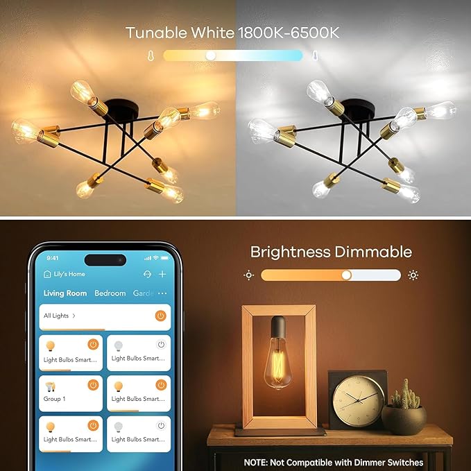 Linkind Matter Smart Edison Light Bulbs, ST19 (58) Vintage Bulbs, 4 Pack | Work with Alexa/Google/Apple Home/SmartThings, 2700K-6500K Warm White to Daylight LED Filament Bulb, E26 Bulb 8W 60W 800LM
