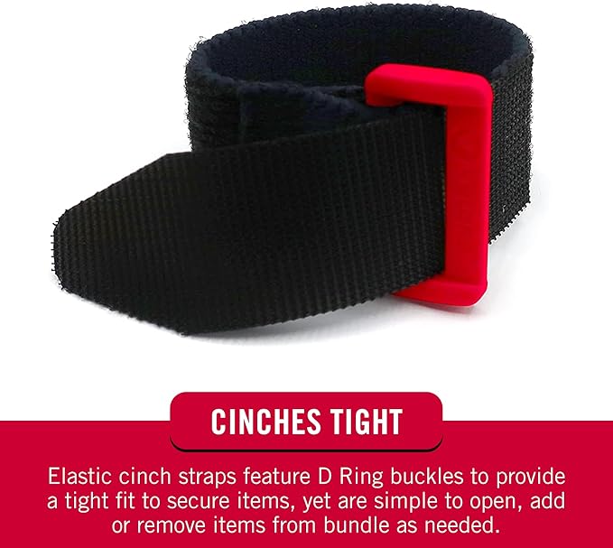 VELCRO Brand VEL-30791-AMS Elastic Cinch Straps with Buckle | 8in x 1in, Pk of 4 | Fully Adjustable and Stretch for Snug Fit | for Fastening Power Cords, Ropes, Organizing Cables, More | Black