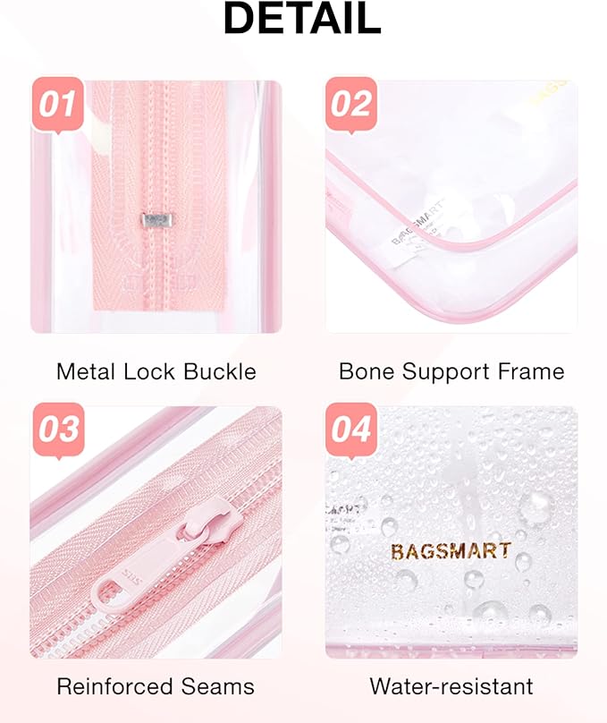 BAGSMART Clear Toiletry Bag, 3 Pack TSA Approved Travel Toiletry bag Carry on Travel Accessories Bag Airport Airline Quart Size Bags Water Repellent Makeup Cosmetic Bag for Women (Pink-3pcs)