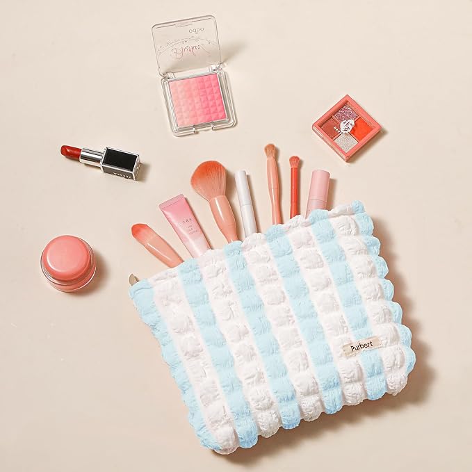 Makeup Bag, Bubble Cloud Travel Cosmetic Bag Organizer, Large Capacity Toiletry Make Up Bags with Zipper for Women and Girls, Blue - White