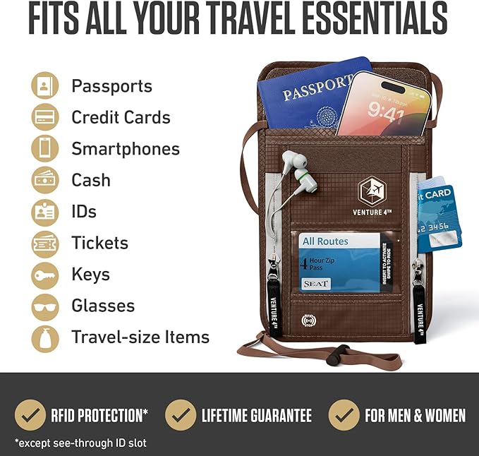VENTURE 4TH Neck Wallet for Women & Men – RFID Blocking Passport Holder for Travel, Hidden Neck Pouch with 6 Compartments, Slim Lightweight Travel Organizer with Adjustable Strap (Brown)