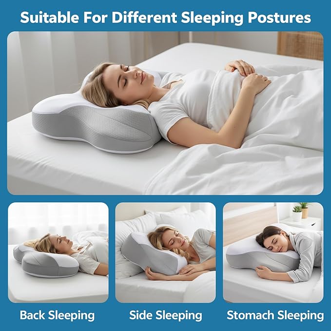 Talc-Free Cervical Memory Foam Pillow for Neck and Shoulder, Butterfly-Shaped Ergonomic Breathable Pillow for Side Back Stomach Sleepers with Pillowcase, Skin-Friendly Fabric