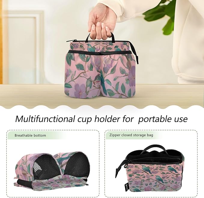 Luggage Cup Holder for Suitcases Free Hands Travel Cup Holder Portable Suitcase Cup Drink Holder Luggage Cup Caddy Bag Carrier Vintage Birds and Pink Flowers