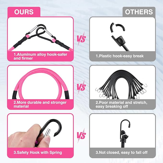 WORKPRO 24 Inch Bungee Cords with Hooks, 4 Pack Superior Rubber Heavy Duty Bungee Straps Strong Elastic Rope for Outdoor Tent, Luggage Rack, Camping, Cargo, RV, Bike, Transporting, Storage, Pink