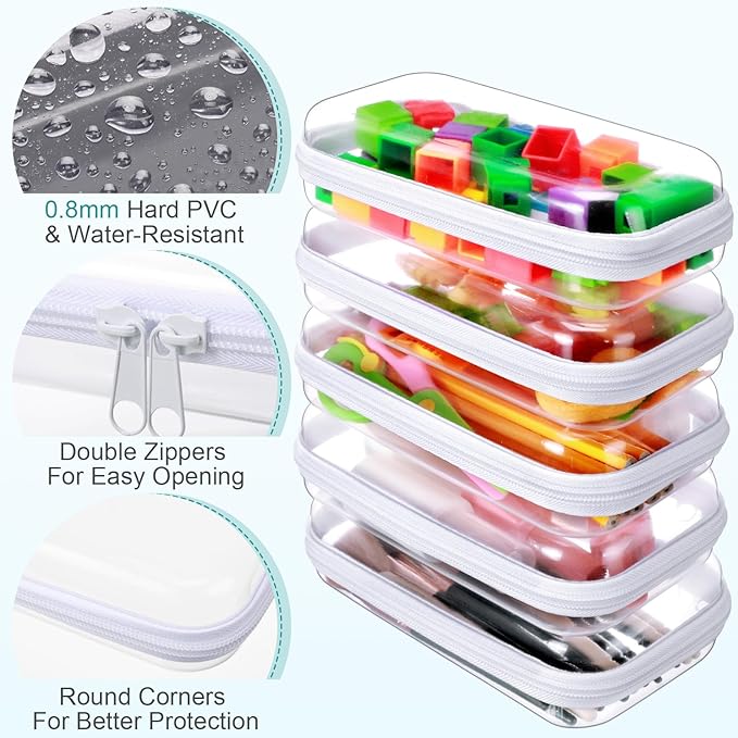 Sanwuta 6 Pcs Clear Hard Zipper Case Plastic Zipper Pouches Transparent Makeup Bag Pencil Case Pouches Toiletry Diaper Bag for Travel Toy Storage Organizer Bins(White,7.48 x 3.94 x 2 Inch)