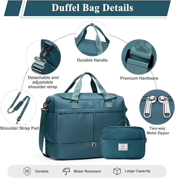 Large Travel Duffel Bag, Weekender Bag for Women with Shoe Compartment & Toiletry Bag, Overnight Carry on Bag for Travel, Gym, Hospital, Business,Peacock Blue